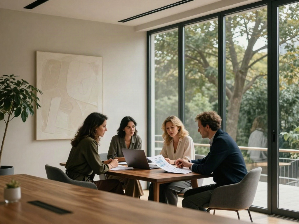 Consultants discussing business strategy around a sunlit office table
